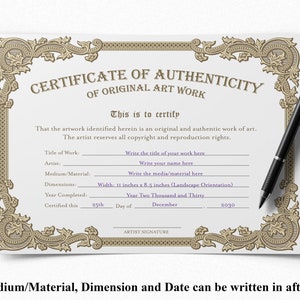 Printable Blank PDF Certificate of Authenticity for Artwork, Diy Authenticity Certificate, INSTANT DOWNLOAD