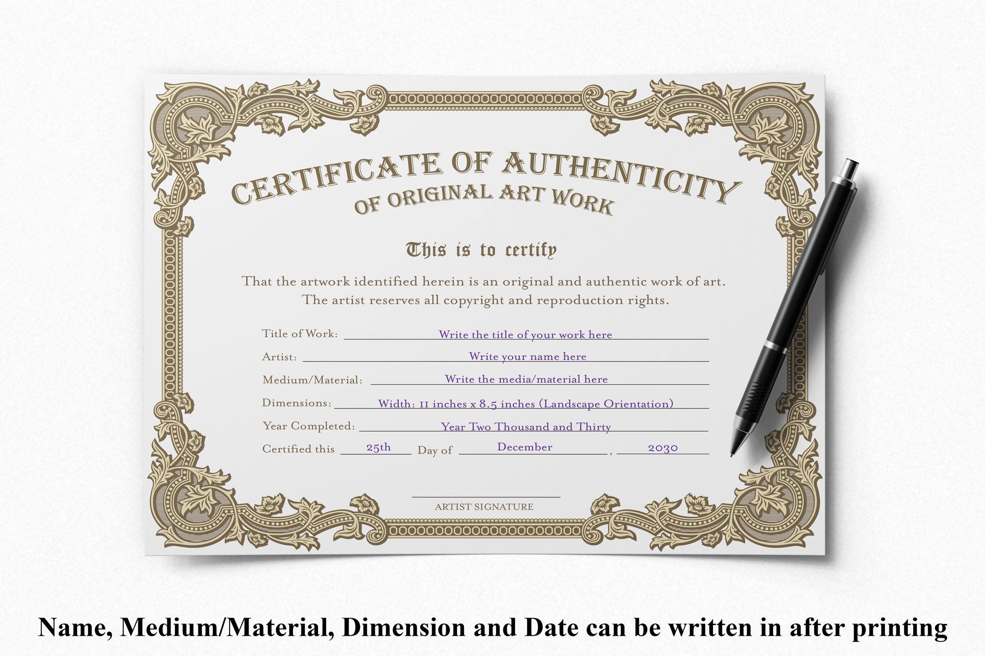 Printable Blank PDF Certificate of Authenticity for Artwork, Diy