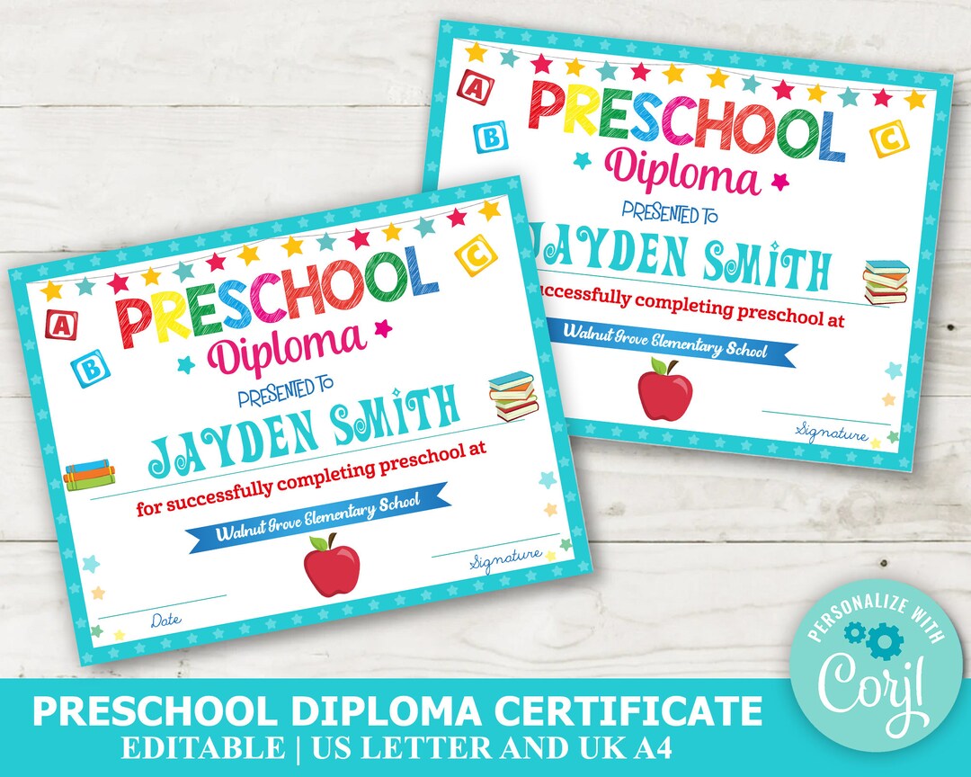 Editable Preschool Certificate Template Blue Border, Preschool Diploma ...