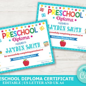 Editable Preschool Certificate Template Blue Border, Preschool Diploma Template , INSTANT DOWNLOAD