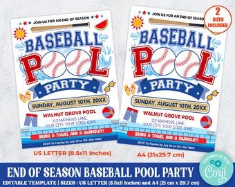 Baseball Pool Party Party, End of Season Pool Party Invite, Baseball Sports Pool Bash Flyer, Party Flyer Template, Summer Kids Pool Party