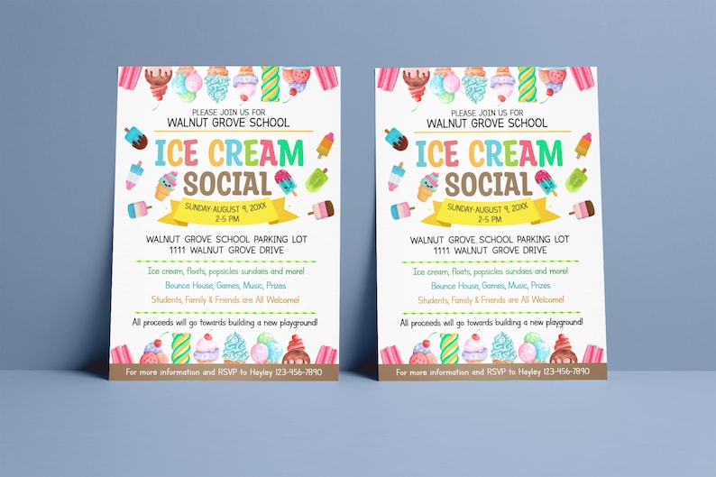 EDITABLE Ice Cream Social Flyer, Summer Ice Cream Party, Watercolor Flyer Template, Church School PTA PTO Flyer image 4