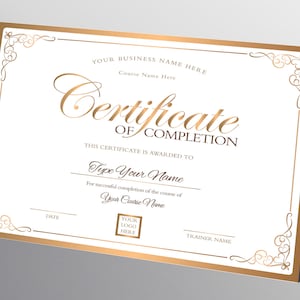 Custom Certificate of Completion Template, Gold DIY Training Course Certificate Template