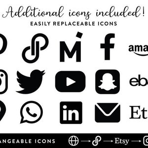 K&ouml;nnte beinhalten: Eine Schwarzwei&szlig;grafik mit verschiedenen Social-Media-Symbolen, darunter Pinterest, Instagram, Twitter, Facebook, Amazon, eBay, Etsy, YouTube, LinkedIn und Snapchat. Der Text "Additional icons included!" und "EASILY REPLACEABLE ICONS" befindet sich oben im Bild. Der Text "INTERCHANGEABLE ICONS" befindet sich unten im Bild.
