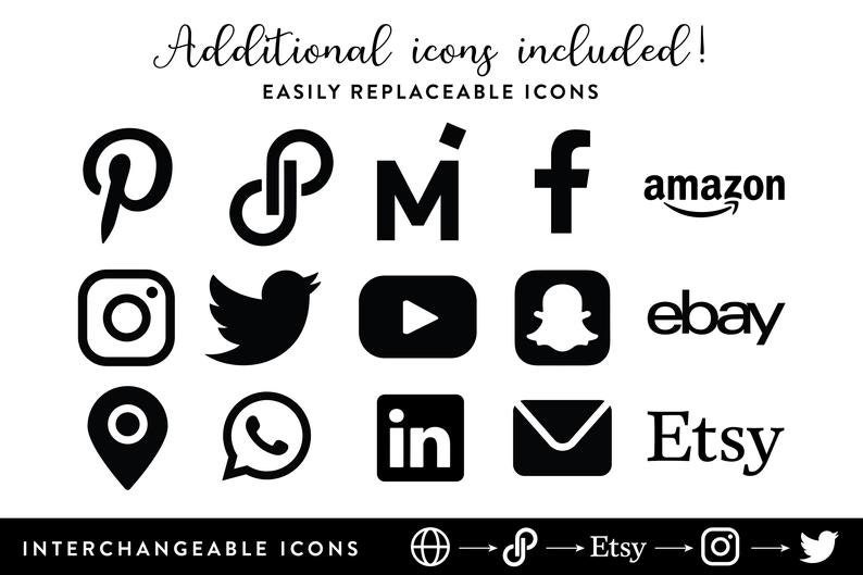 K&ouml;nnte beinhalten: Eine Schwarzwei&szlig;grafik mit verschiedenen Social-Media-Symbolen, darunter Pinterest, Instagram, Twitter, Facebook, Amazon, eBay, Etsy, YouTube, LinkedIn und Snapchat. Der Text "Additional icons included!" und "EASILY REPLACEABLE ICONS" befindet sich oben im Bild. Der Text "INTERCHANGEABLE ICONS" befindet sich unten im Bild.