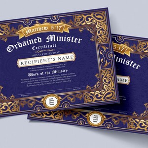Editable Certificate of Ordination Minister Template, Printable Royal Blue and Gold DIY Ministry Certificate, Ordained Minister Certificates