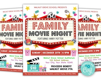 Editable Family Movie Night Flyer, School Church Benefit Fundraiser Event Poster, Cinema Party Invitation, PTA PTO Flyer