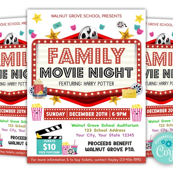 Editable Family Movie Night Flyer, School Church Benefit Fundraiser Event Poster, Cinema Party Invitation, PTA PTO Flyer