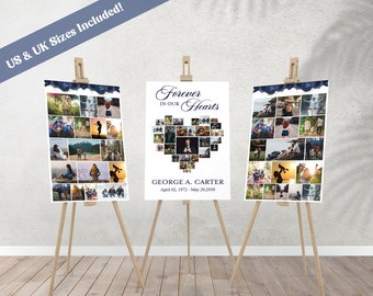 EDITABLE Funeral Poster Photo Display Set, Navy Blue Minimalist Funeral Photo Collage Display, Funeral Welcome Sign Set of 3