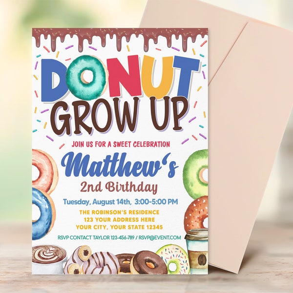 Editable Donut Grow Up Birthday Invitation, Any Age Donut Party Invitation, Donut Themed Birthday Invite, Instant Download