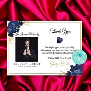 Sympathy Thank You Card for Man and Woman, Thank You Notes Blue Rose, Funeral Thank You Card Template