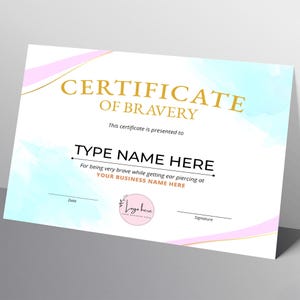 Certificate of Bravery, Editable Bravery Award Certificate Template for Being Brave, Instant Download