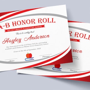 Customizable AB Honor Roll Certificate, Editable Red White Award Certificate, School Award Certificates, Instant Download