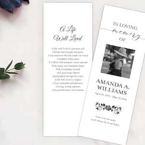Editable Funeral Bookmark Personalized, Minimalist Bookmark for Women, For Men