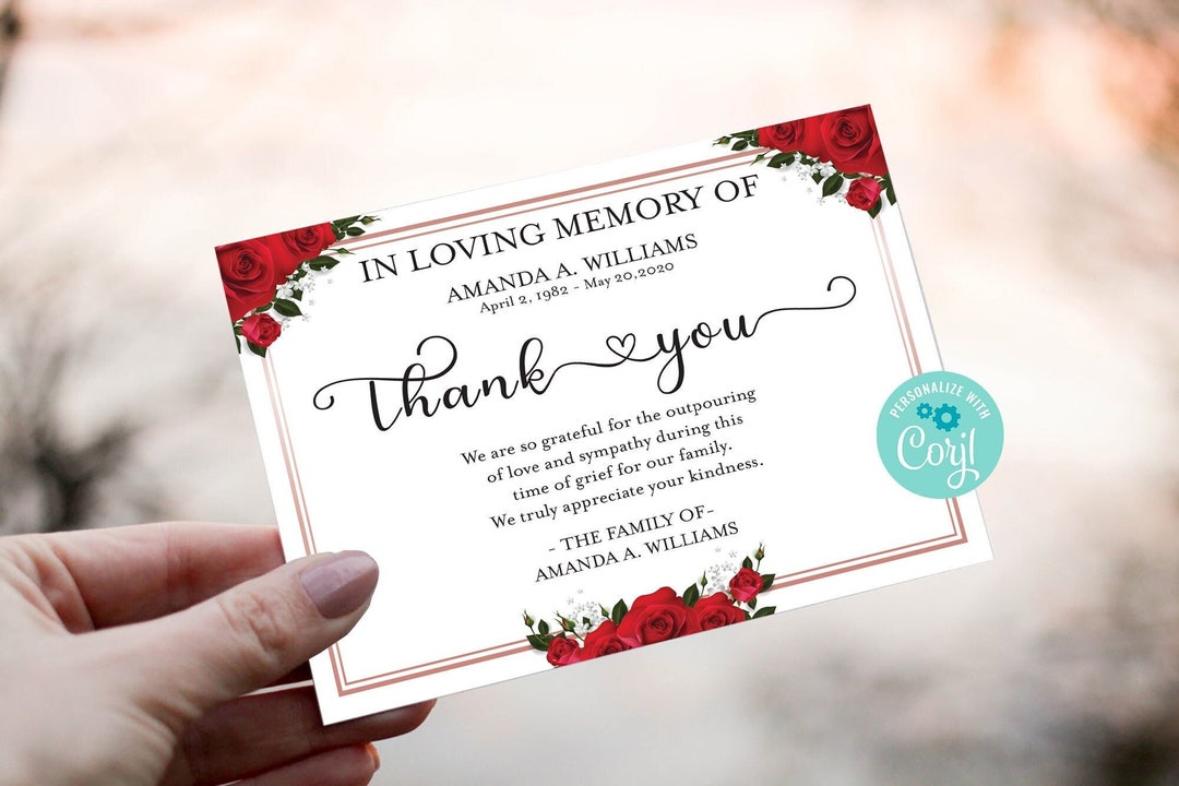Sympathy Thank You Card, Red Rose Funeral Thank You Card Template ...