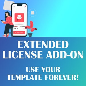 May include: A woman is using a smartphone to purchase a chair online. The chair is red and has a white base. The phone screen shows a price of $40.80 and a button that says "Add to Cart". The text on the image says "EXTENDED LICENSE ADD-ON USE YOUR TEMPLATE FOREVER!"