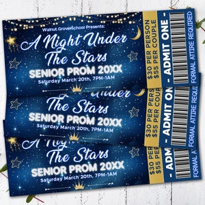 Editable A Night Under The Stars Prom Ticket, School Dance Flyer Prom Ticket Template, Starry Night Invite, Under the Stars,