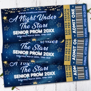 Editable A Night Under The Stars Prom Ticket, School Dance Flyer Prom Ticket Template, Starry Night Invite, Under the Stars, Paperless Post