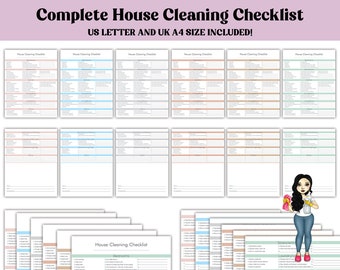 Lista de limpieza del hogar habitación por habitación para imprimir, lista de limpieza completa, lista de limpieza semanal y mensual, PDF imprimible de 8,5 x 11 y A4