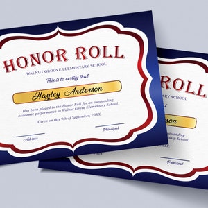 School Award Certificate Template, DIY Honor Roll Award, Red and Blue  Certificate for Student, Instant Download
