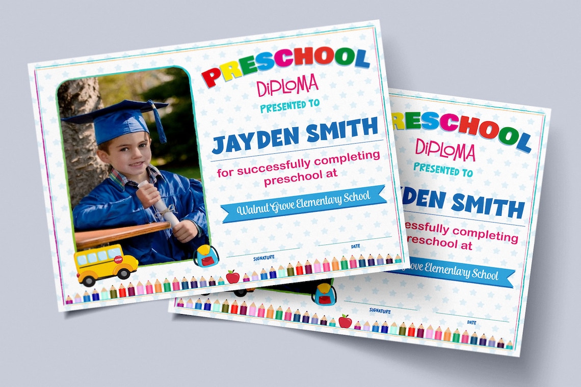 Editable Preschool Diploma With Photo, Preschool Certificate Template ...