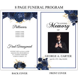 8 Page Obituary Template for Men, Editable Navy Blue Rose Template Memorial Ceremony Brochure
