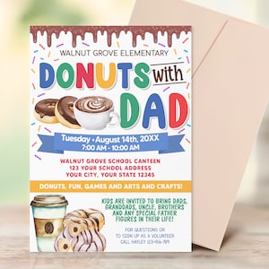 Donuts With Dad Flyer, Pastries With Parents Flyer, Back To School Donuts With Parents Invitation Template, Church School, PTO PTA  Flyer