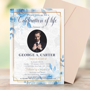 Funeral Announcement Template, Blue Floral Funeral Invitation Template