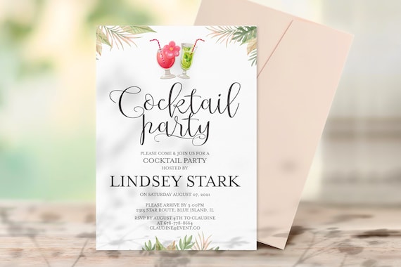 Cocktail Invitations With Palm Trees, DIY Editable Sip Sip Hooray Invitation, Tropical Cocktail Party Invitation Template Printable Il_570xn