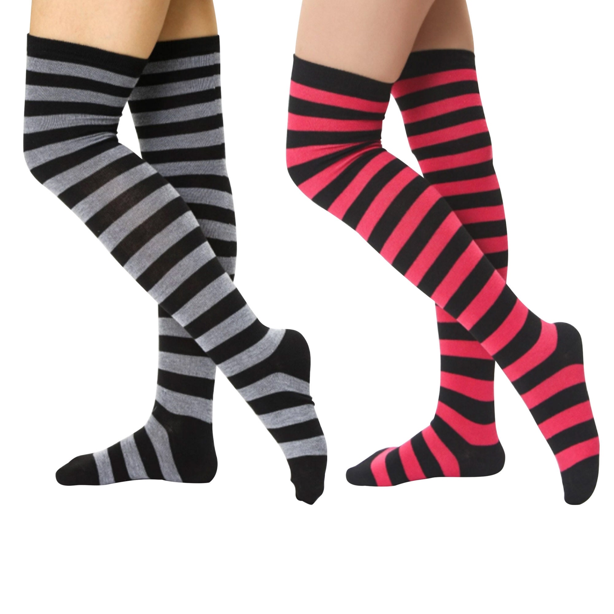 Black Red Thigh High Socks Stripped Knee High Socks Over Etsy