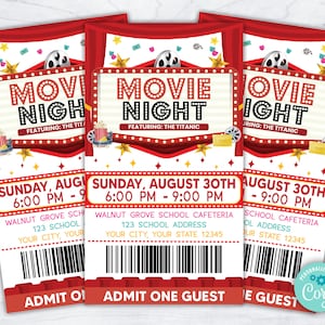 Editable Movie Night Ticket Template,  Movie Ticket Admit One, Movie Party Invitation, PTO PTA Church School Charity Fundraiser Event Ticket