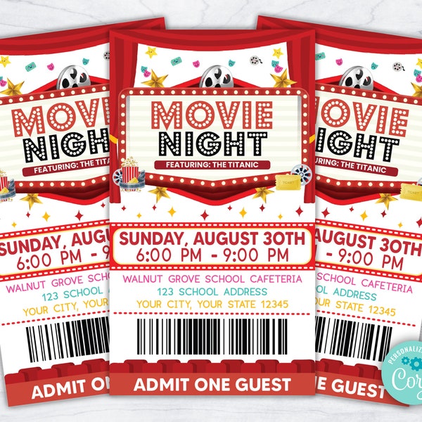 Editable Movie Night Ticket Template,  Movie Ticket Admit One, Movie Party Invitation, PTO PTA Church School Charity Fundraiser Event Ticket