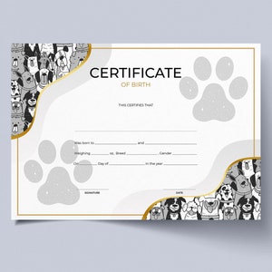 AFDRUKBARE lege pdf-sjabloon geboorteakte hond, afdrukbare geboorteakte nieuwe puppy