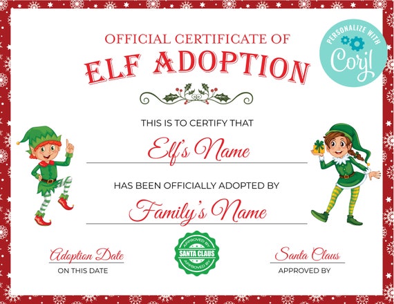 Elf Certificate of Adoption, Editable Elf Theme Stocking Stuffer by ...