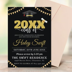 Editable Graduation Invitation 2023 Template, Black Gold Grad Party Invite, Graduation Party Invitation