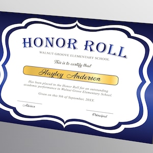 Editable Honor Roll Certificate Template, Royal Blue School Award Printable Award, Elementary High School Award, Certificate Download image 5