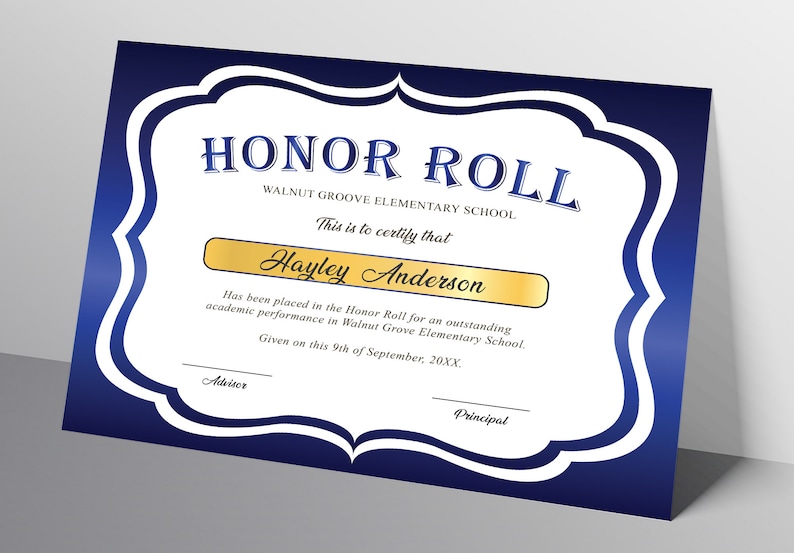 Editable Honor Roll Certificate Template, Royal Blue School Award Printable Award, Elementary High School Award, Certificate Download image 5