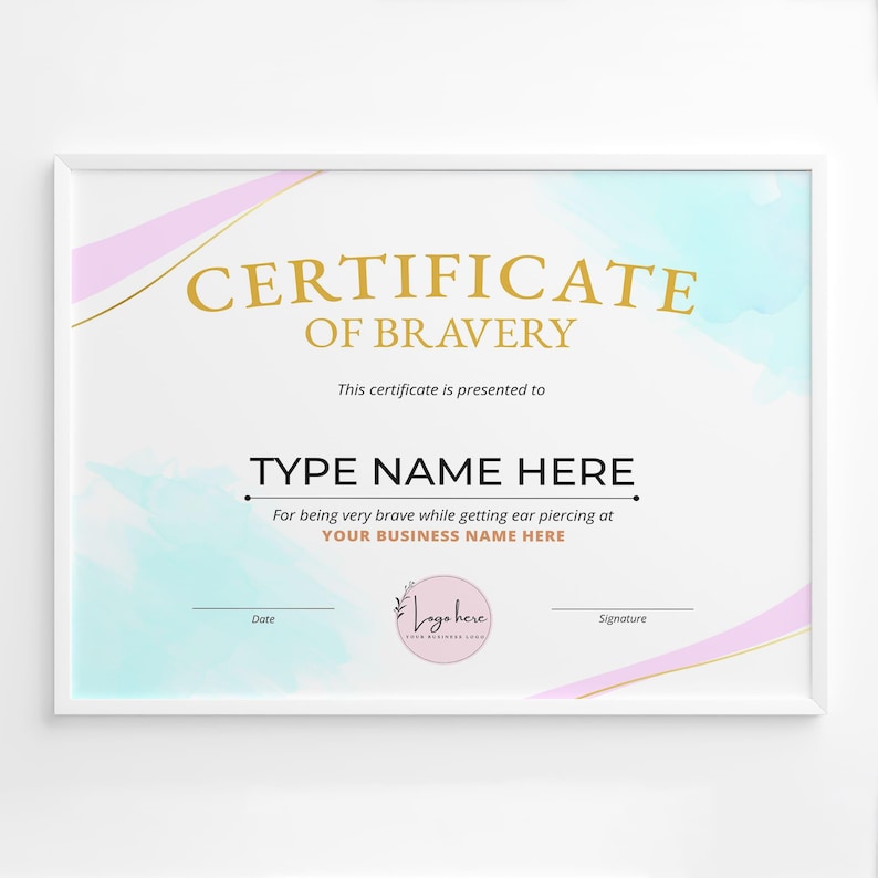 Certificate of Bravery, Editable Bravery Award Certificate Template for Being Brave, Instant Download