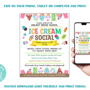 EDITABLE Ice Cream Social Flyer, Summer Ice Cream Party, Watercolor Flyer Template, Church School PTA PTO Flyer image 2