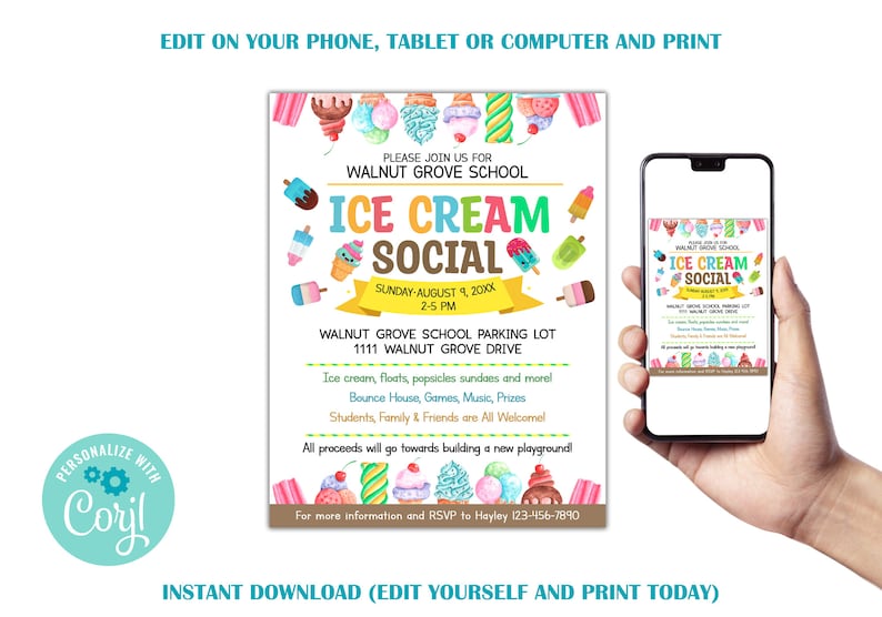 EDITABLE Ice Cream Social Flyer, Summer Ice Cream Party, Watercolor Flyer Template, Church School PTA PTO Flyer image 2