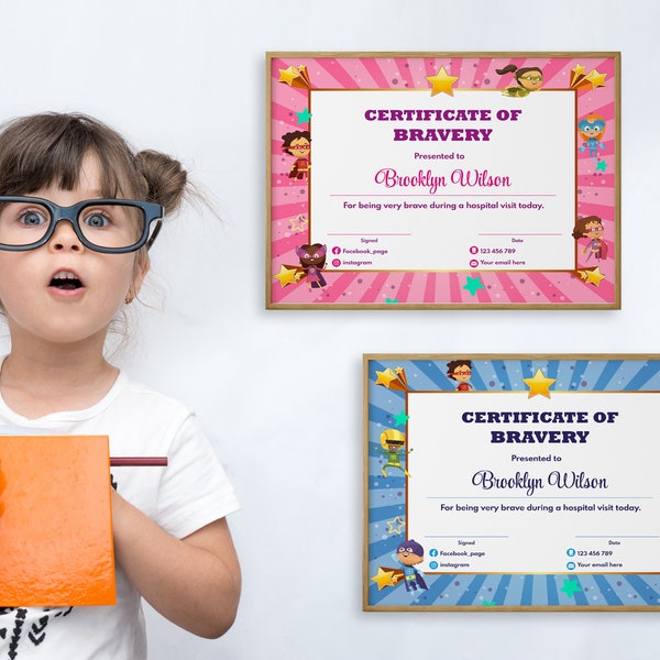 Two Editable Certificate of Bravery Award BUNDLE, Blue and Pink Editable Kids Certificate of Courage Template for Boys and Girls