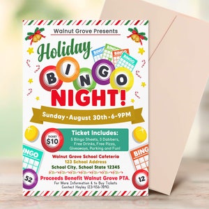 Holiday Bingo Night Flyer Template, Game Invitation, Christmas Family Game Night Invite, School Family Fundraiser Event
