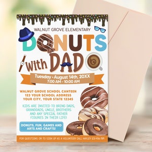 Editable Donuts With Dad Invitation, Church School, PTA PTA  Fundraiser Flyer, Breakfast Fundraiser Template, Pastries With Parents