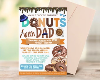 Editable Donuts With Dad Invitation, Church School, PTA PTA  Fundraiser Flyer, Breakfast Fundraiser Template, Pastries With Parents