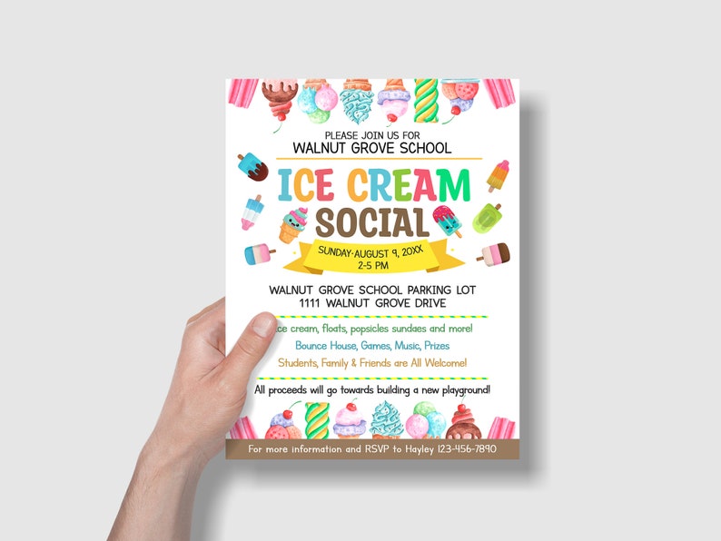 EDITABLE Ice Cream Social Flyer, Summer Ice Cream Party, Watercolor Flyer Template, Church School PTA PTO Flyer image 10