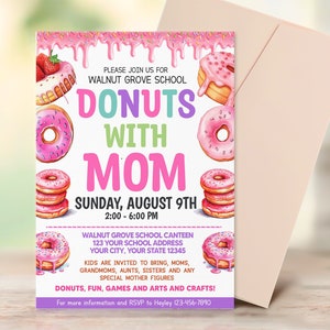 Donuts With Mom Invite template, Donuts With Parents Invitation Flyer Template, Church School, PTO PTA  Fundraiser Flyer