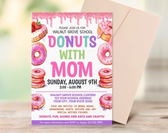 Donuts With Mom Invite template, Donuts With Parents Invitation Flyer Template, Church School, PTO PTA  Fundraiser Flyer