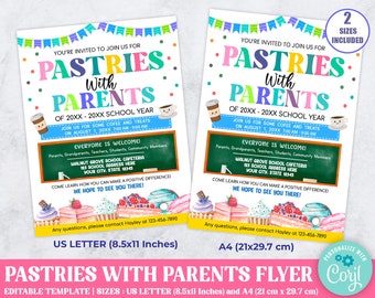 Editable Pastries With Parents Flyer, PTA PTO Printable Flyer, School Breakfast Parent Appreciation Open House Printable Digital Invitation