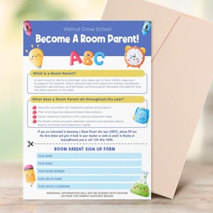 Editable Room Parent Form Flyer Template, PTA forms, Editable Sign Up Form, Daycare Forms, Recruitment flyer, PTA Membership Form