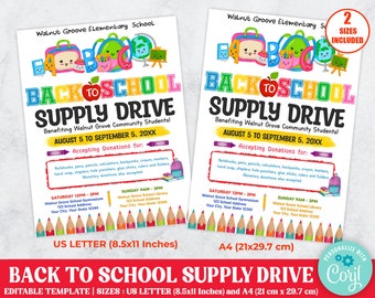 Back to School Supply Drive Flyer, PTO PTA School Flyer, School Drive Template, Supply Drive Flyer, School Supplies,  Instant Download